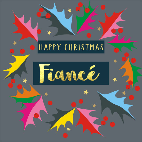 Christmas Card, Finance Bright Holly, text foiled in shiny gold