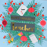 Christmas Card, Teacher Wreath and Baubles, text foiled in shiny gold