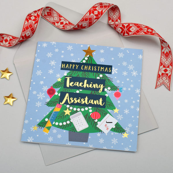 Christmas Card, Teaching Assistant, xmas Tree, text foiled in shiny gold