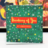 Christmas Card, Thinking of You, Wreath & Snowflakes, text foiled in shiny gold
