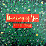 Christmas Card, Thinking of You, Wreath & Snowflakes, text foiled in shiny gold