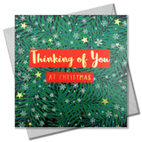 Christmas Card, Thinking of You, Wreath & Snowflakes, text foiled in shiny gold