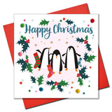 Christmas Card, Penguins, Happy Christmas, Embellished with colourful pompoms
