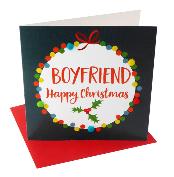 Christmas Card, Navy Bauble, Boyfriend, Embellished with colourful pompoms