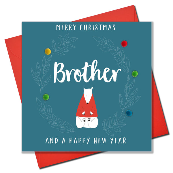 Christmas Card, Polar Bear, Brother, Embellished with colourful pompoms