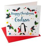 Christmas Card, Penguin, Godson, Embellished with colourful pompoms