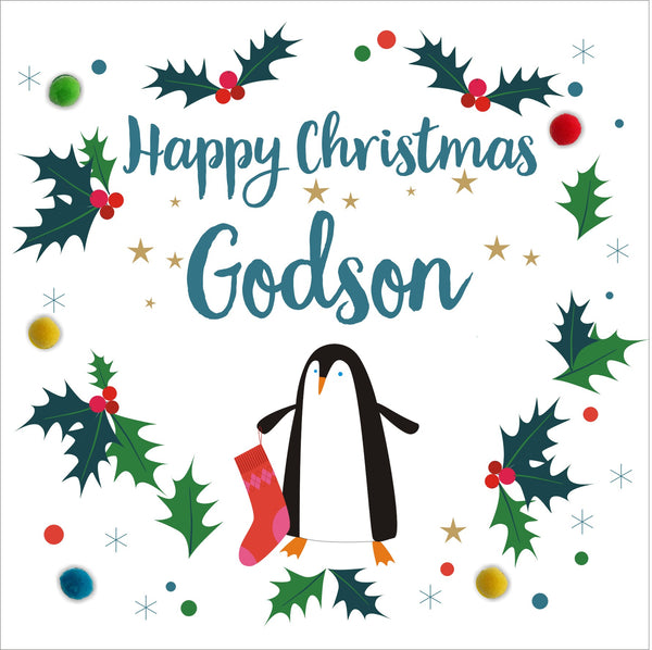 Christmas Card, Penguin, Godson, Embellished with colourful pompoms