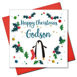 Christmas Card, Penguin, Godson, Embellished with colourful pompoms