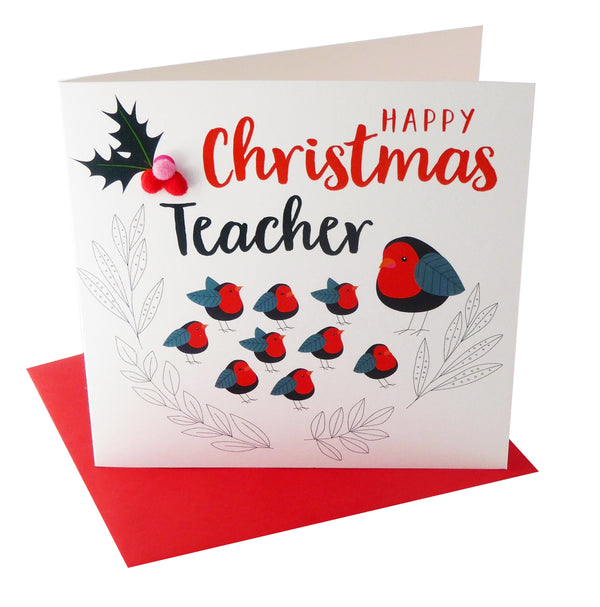 Christmas Card, Robin classroom, Teacher, Embellished with colourful pompoms