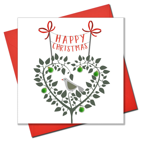 Christmas Card, Partridge in a pear tree , Happy Christmas, Pompom Embellished