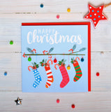 Christmas Card, Four Christmas stockings , Happy Christmas, Pompom Embellished