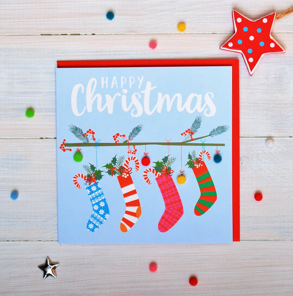 Christmas Card, Four Christmas stockings , Happy Christmas, Pompom Embellished
