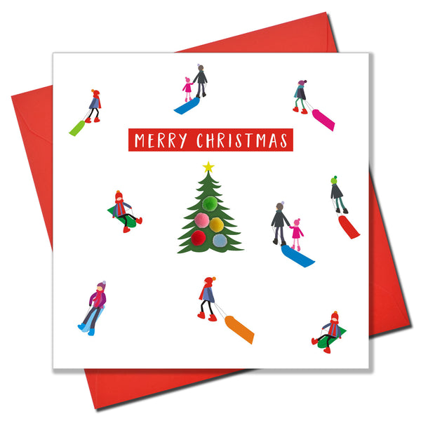 Christmas Card, Sledgers around a tree , Merry Christmas, Pompom Embellished