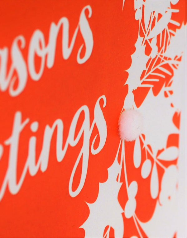 Christmas Card, White foliage on red , Season's Greetings, Pompom Embellished