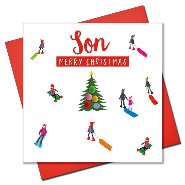 Christmas Card, Sledgers around a tree, Son, Pompom Embellished