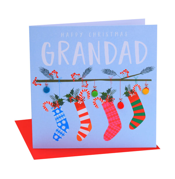 Christmas Card, Four Christmas stockings , Grandad, Pompom Embellished
