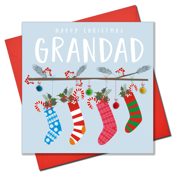 Christmas Card, Four Christmas stockings , Grandad, Pompom Embellished