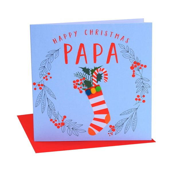 Christmas Card, Stocking in a laurel wreath, papa, Pompom Embellished