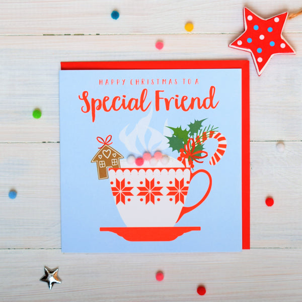 Christmas Card, Christmas cappuccino, Special Friend, Pompom Embellished