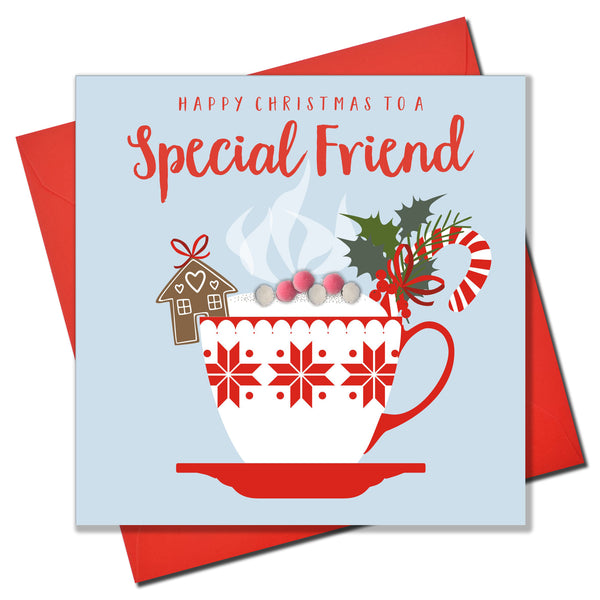 Christmas Card, Christmas cappuccino, Special Friend, Pompom Embellished