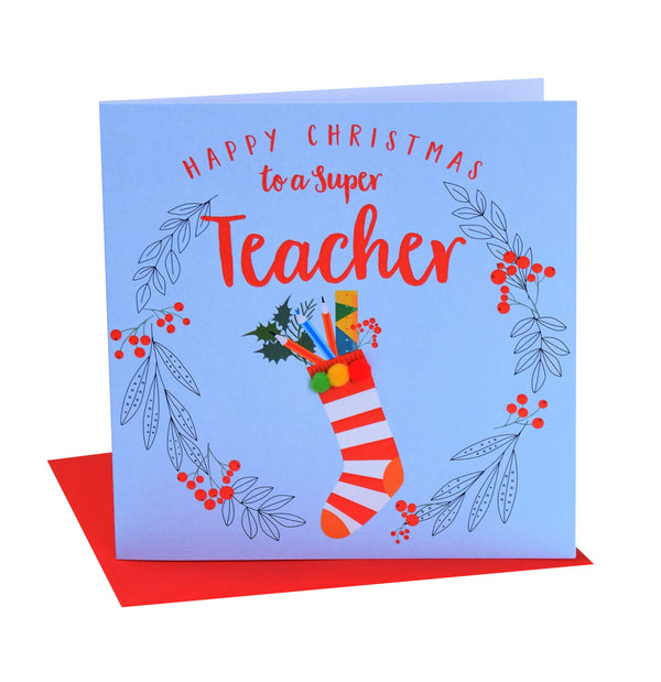 Christmas Card, laurel wreath, Super Teacher, Pompom Embellished