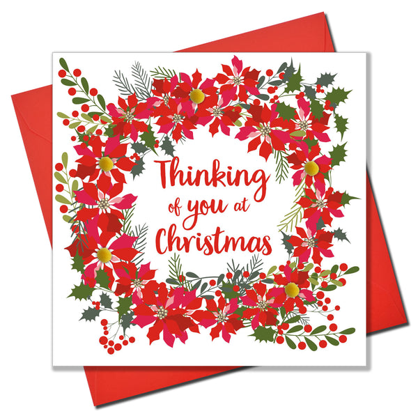 Christmas Card, Poinsettias, Thinking of you at Christmas, Pompom Embellished
