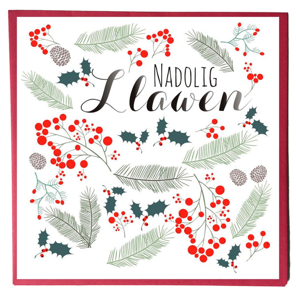 Welsh Christmas Card, Nadolig Llawen, Pine Cones, Fir & Berries, Merry Christmas