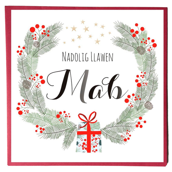 Welsh Christmas Card, Nadolig Llawen, Mab, Son, Present & Berries