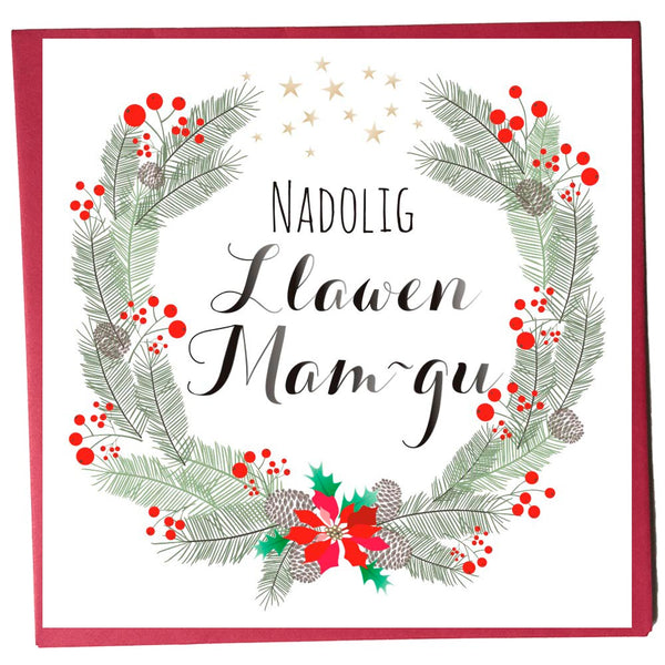 Welsh Christmas Card, Nadolig Llawen, Mam-gu, Granny, Pine Cones, Fir & Berries