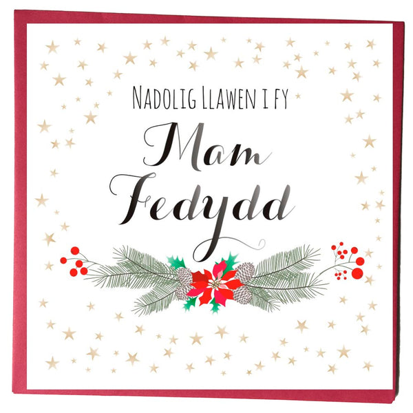 Welsh Christmas Card, Nadolig Llawen, Mam Fedydd, Godmother, Stars and Berries