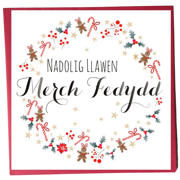 Welsh Christmas Card, Nadolig Llawen, Merch Fedydd, Goddaughter, Gingerbread Men