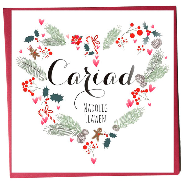 Welsh Christmas Card, Nadolig Llawen, Cariad, Heart Wreath, The One I Love