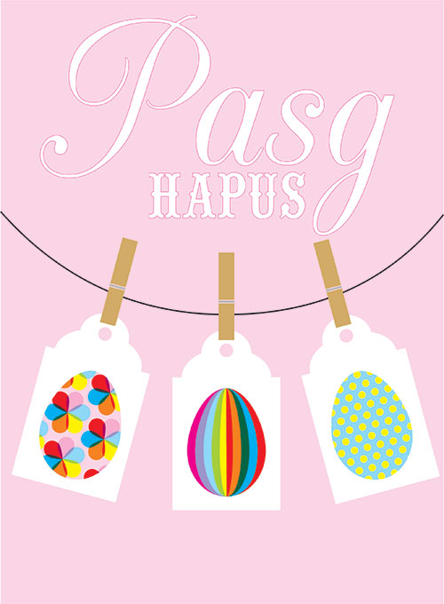 Welsh Easter Card, Pasg Hapus, Easter eggs and pegs, Happy Easter